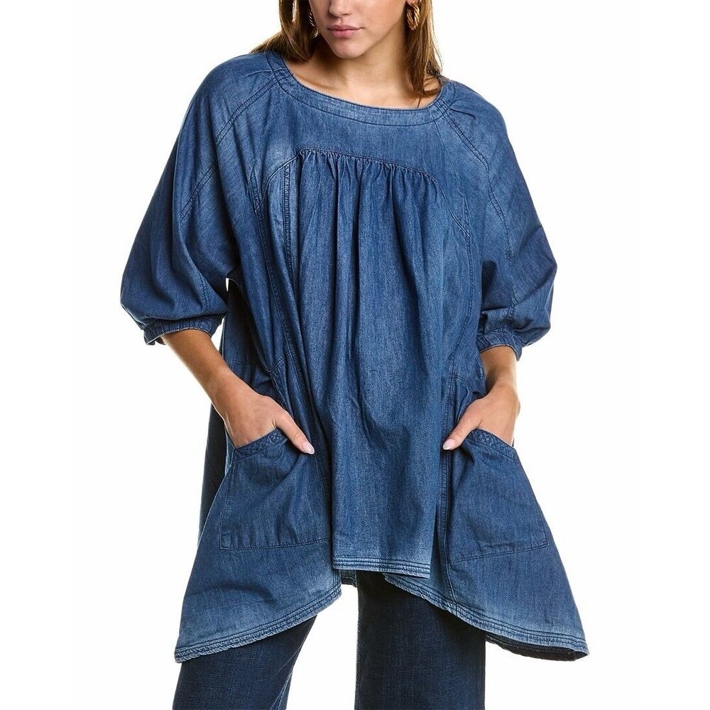 FREE PEOPLE Memories of You Chambray Top High Low Oversized Blue Tunic